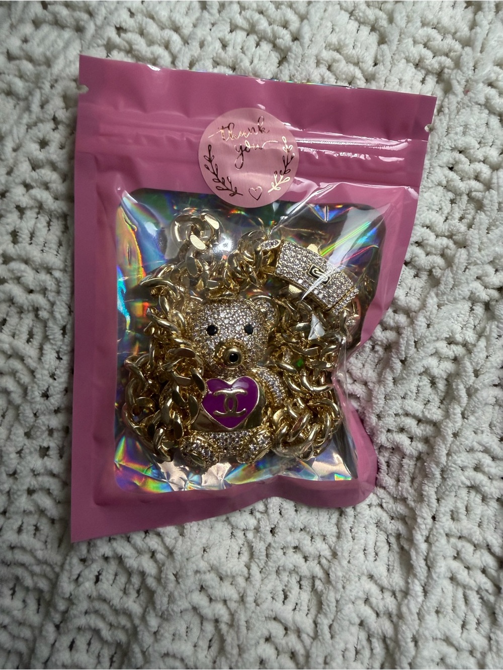Gold Teddy Charm Necklace with Pink Heart Pendant NEW